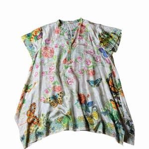 Johnny Was Silk Short Sleeve Butterfly/ Flower Print Top Size XL